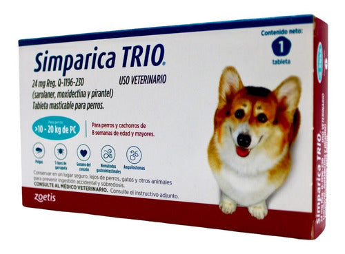 1 Tableta Simparica Trio 10 A 20 Kg Antipulgas, Gusano, Etc - CLIKEA