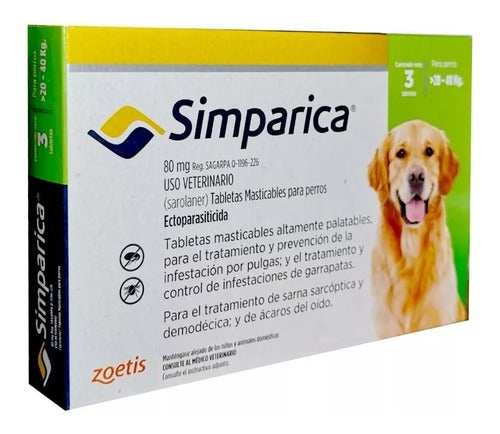 3 Tabletas Simparica 20 A 40 Kg Verde 80mg - CLIKEA