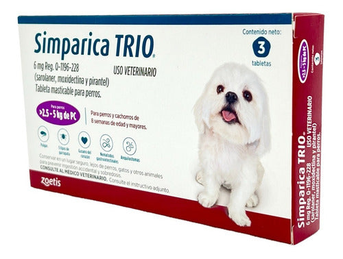 3 Tabletas Simparica Trio 2.5 A 5 Kg Antipulgas, Gusano, Etc - CLIKEA