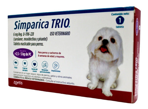 1 Tableta Simparica Trio 2.5 A 5 Kg Antipulgas, Gusano, Etc - CLIKEA