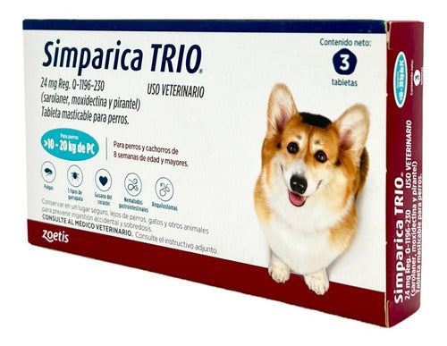 3 Tabletas Simparica Trio 10 A 20 Kg Antipulgas, Gusano, Etc - CLIKEA