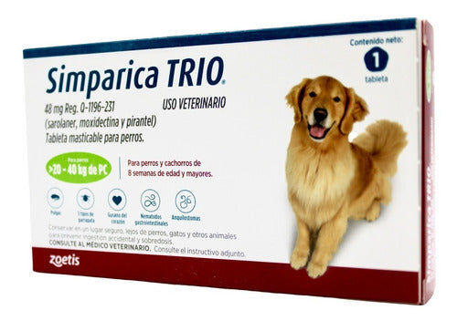 1 Tableta Simparica Trio 20 A 40 Kg Antipulgas, Gusano, Etc - CLIKEA